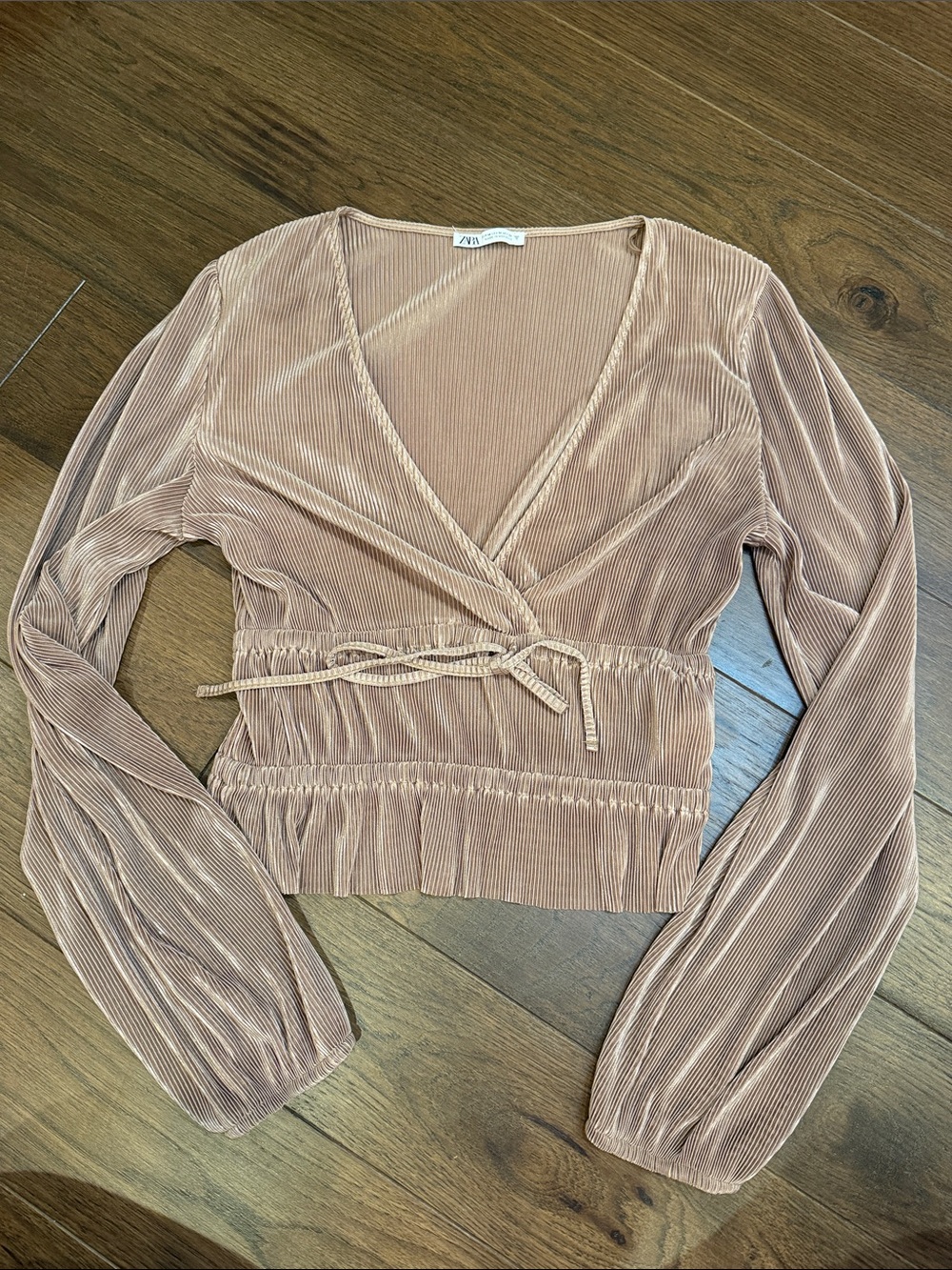 Zara Pale Pink Mauve Metallic Pleated Long Sleeve V-Neck Top Medium - C30-137